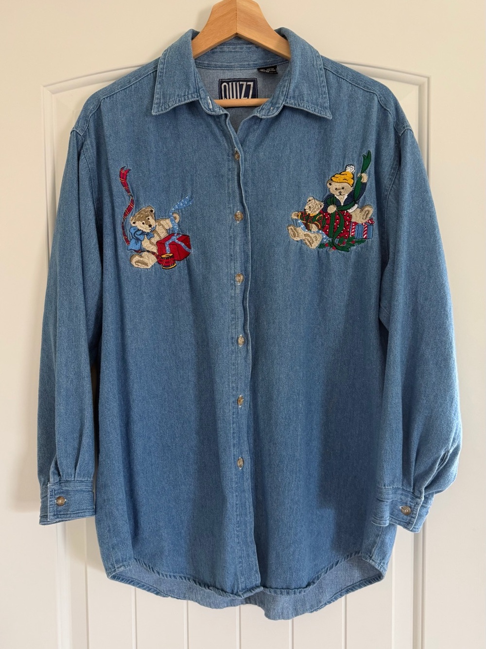 Vintage 90s Quizz Denim Button-Down Quilted Christmas Bears Embroidered Size M